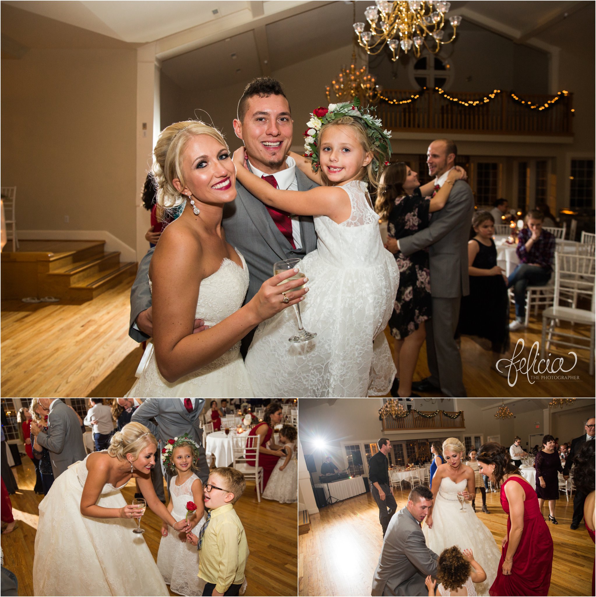 wedding | wedding photography | wedding photos | Kansas City | Hawthorne House | images by feliciathephotographer.com | crimson wedding | Christmas Wedding | wedding reception | wedding party | chandelier lights | bride groom and guests | flower girl crown 