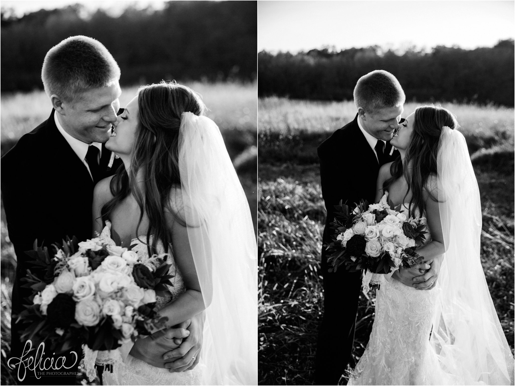 black and white | wedding | wedding photos | Rumely Event Space | wedding photography | images by feliciathephotographer.com | field background | nature | bride and groom portraits | sunlight | smiling bride | candid | Wild Hill Flowers | kissing in field | kiss | smiling kiss 