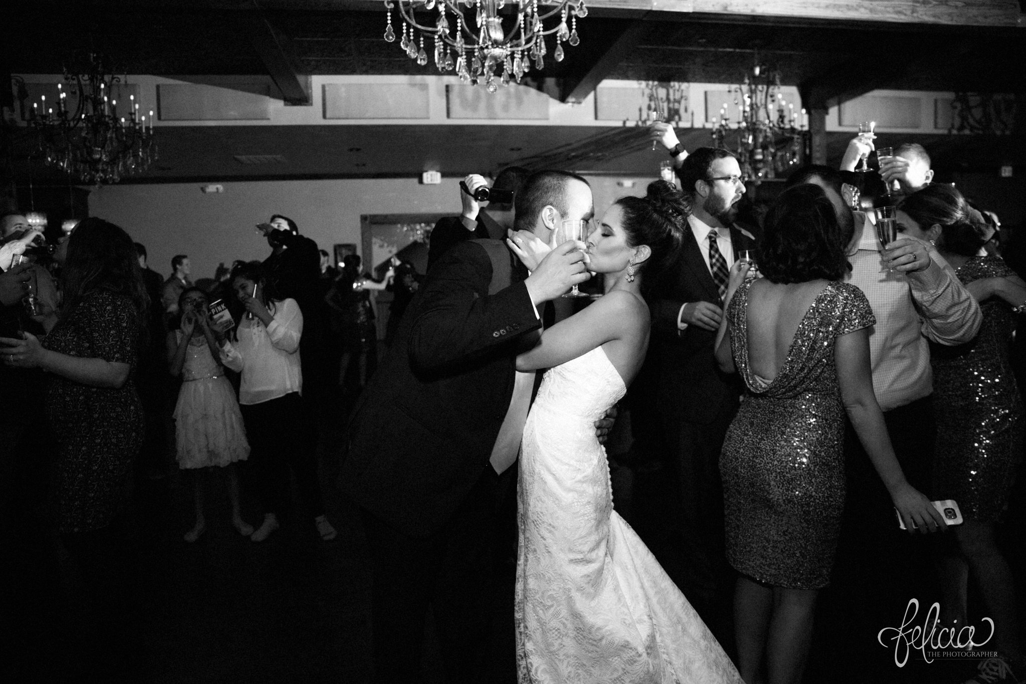 The Aspen Room | The Stanley | Lees Summit | wedding | wedding photos | wedding photography | images by feliciathephotographer.com | chic | New Years Eve Wedding | Combatant Gentlemen | Hollywood Drama | wedding reception | wedding venue | dance floor | candid | black and white | bride and groom dancing | dance floor kiss | reception party 