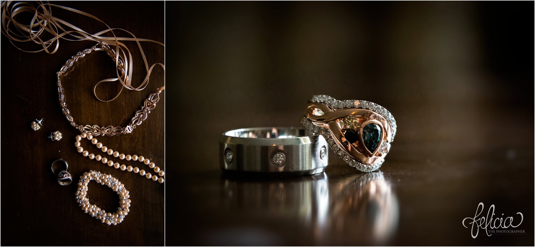 wedding | wedding photos | wedding photography | black and gold | Winter Wedding | Gatsby Wedding | The Elms | images by feliciathephotographer.com | Excelsior Springs | wedding decor | wedding jewelry | ring photography | wedding rings | emerald engagement ring | wedding pearls | gold jewelry 