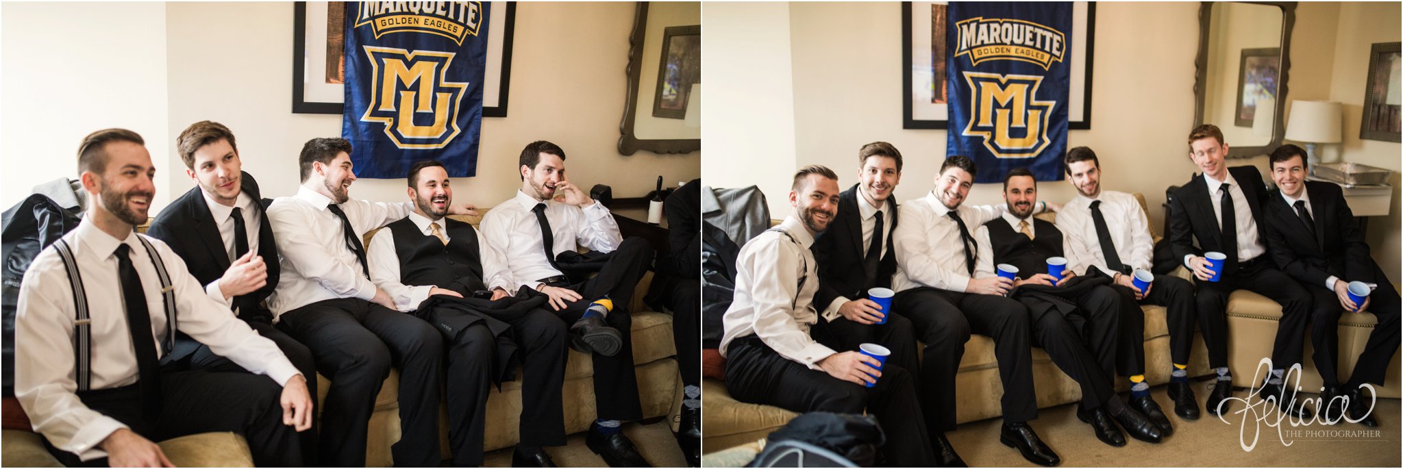 wedding | wedding photos | wedding photography | black and gold | Winter Wedding | Gatsby Wedding | The Elms | images by feliciathephotographer.com | Excelsior Springs | groom portrait | candid | funny groomsmen | candid | wedding personal touches | Marquette | Golden Eagles 