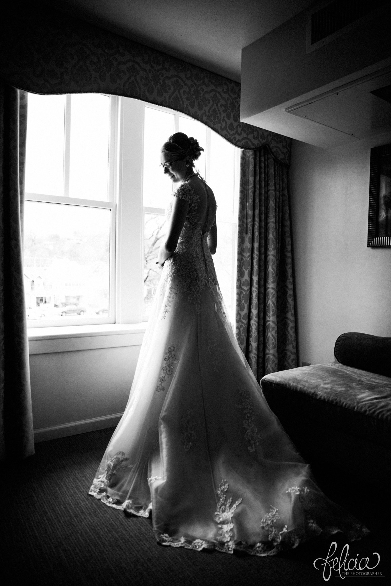 black and white | wedding | wedding photos | wedding photography | black and gold | Winter Wedding | Gatsby Wedding | The Elms | images by feliciathephotographer.com | Excelsior Springs | wedding prep | getting ready pictures | candid | Maggie Sottero | lace wedding dress | pearl accessories | pearl necklace | bride solo shot | dramatic wedding dress | glamorous 