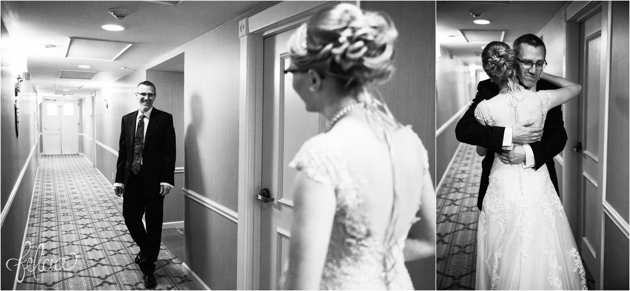 black and white | wedding | wedding photos | wedding photography | black and gold | Winter Wedding | Gatsby Wedding | The Elms | images by feliciathephotographer.com | Excelsior Springs | candid | Maggie Sottero | lace wedding dress | pearl accessories | pearl necklace | father daughter | first look | father daughter hug 