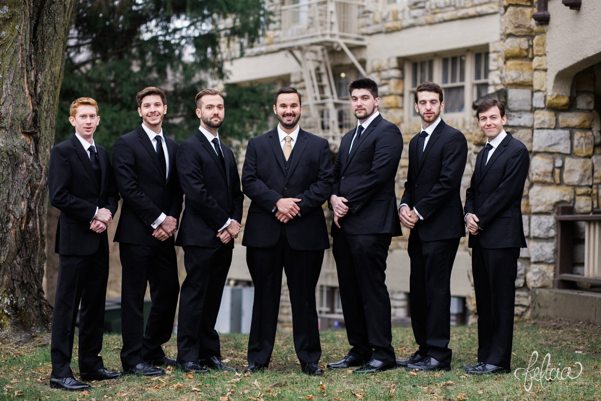 wedding | wedding photos | wedding photography | black and gold | Winter Wedding | Gatsby Wedding | The Elms | images by feliciathephotographer.com | Excelsior Springs | groomsmen portrait | Men's Wearhouse | white boutonniere 