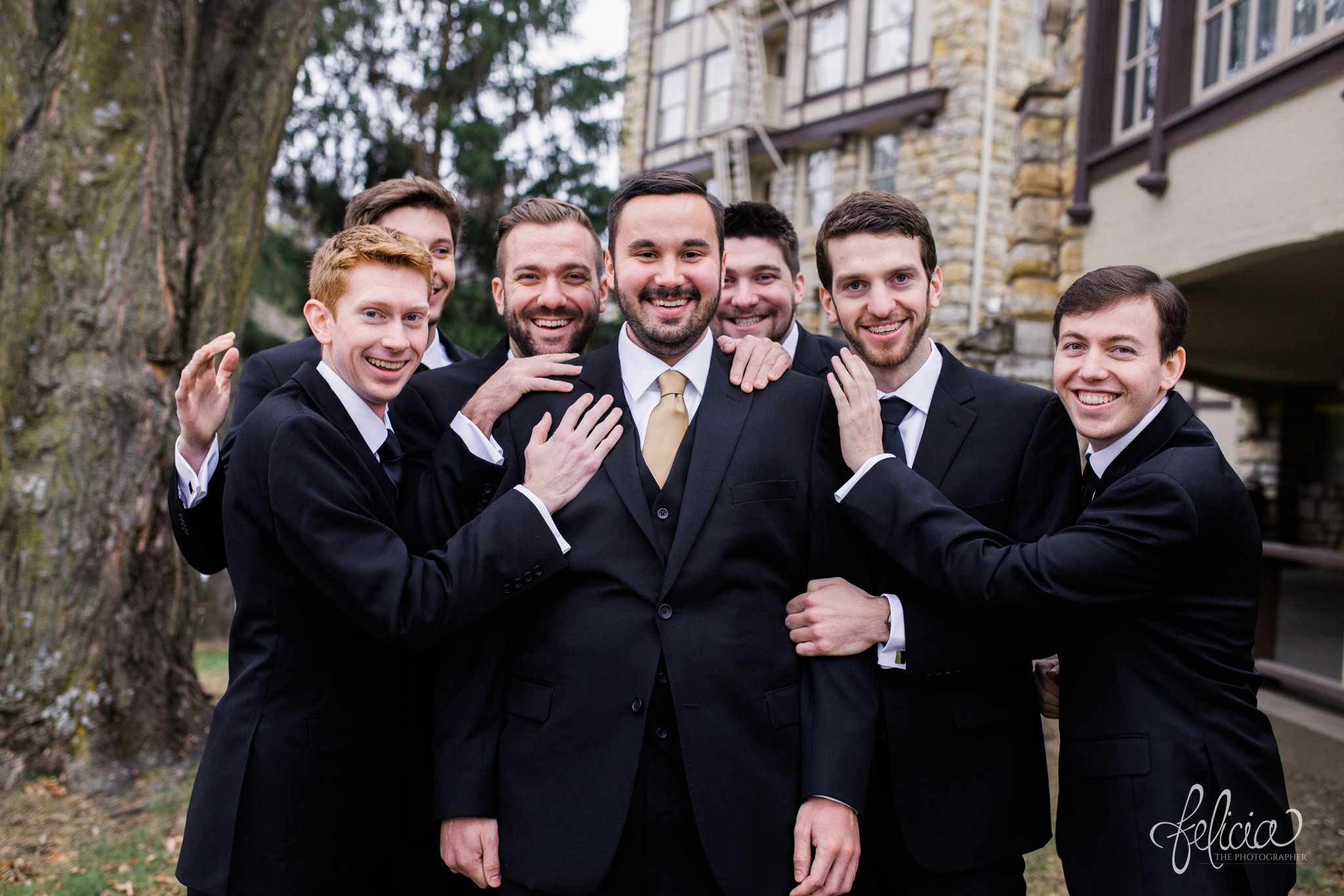 wedding | wedding photos | wedding photography | black and gold | Winter Wedding | Gatsby Wedding | The Elms | images by feliciathephotographer.com | Excelsior Springs | groomsmen portrait | Men's Wearhouse | white boutonniere | funny groomsmen | groomsmen poses 