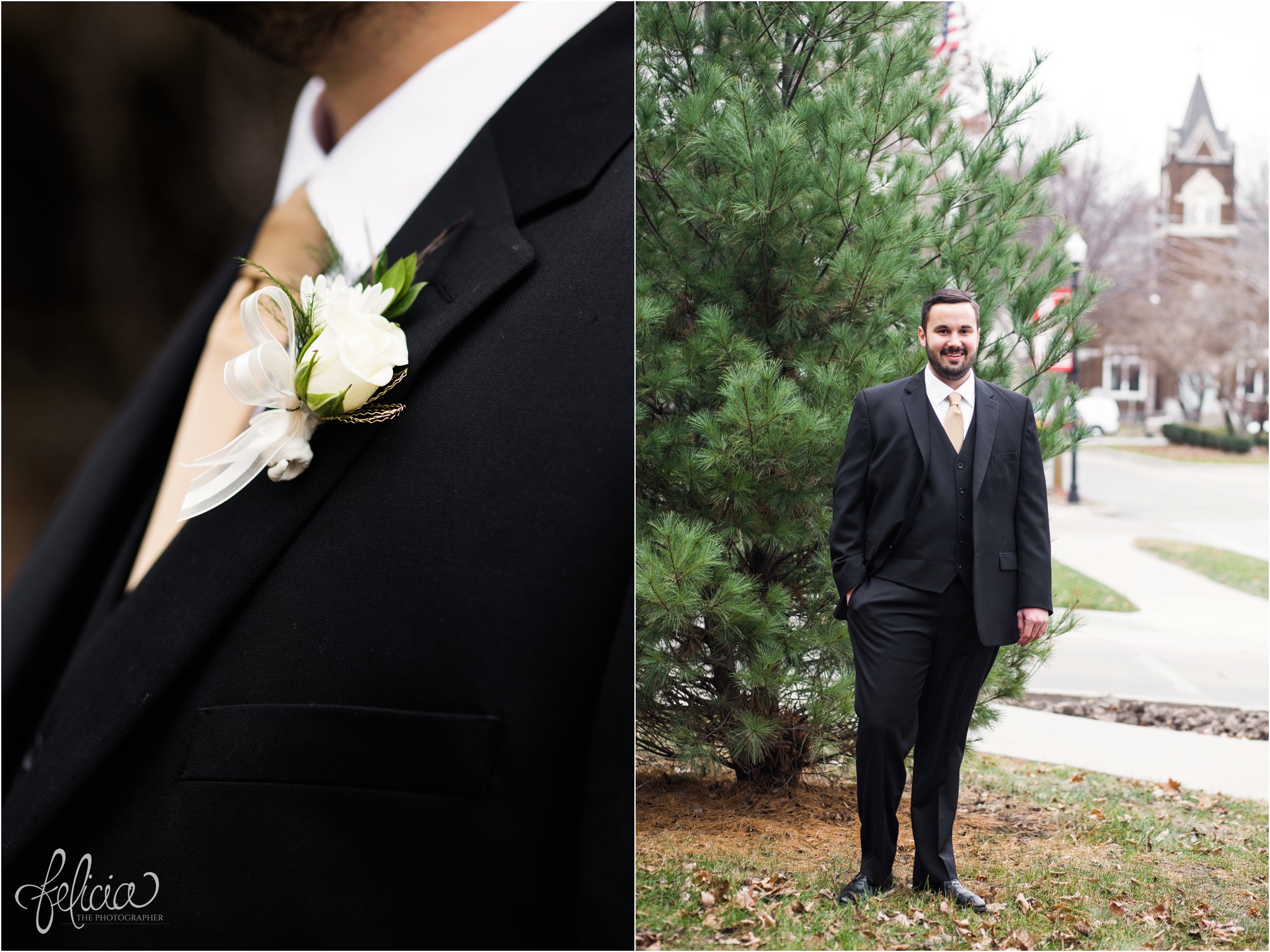 wedding | wedding photos | wedding photography | black and gold | Winter Wedding | Gatsby Wedding | The Elms | images by feliciathephotographer.com | Excelsior Springs | groom solo shot | Men's Wearhouse | nature background | white boutonniere 