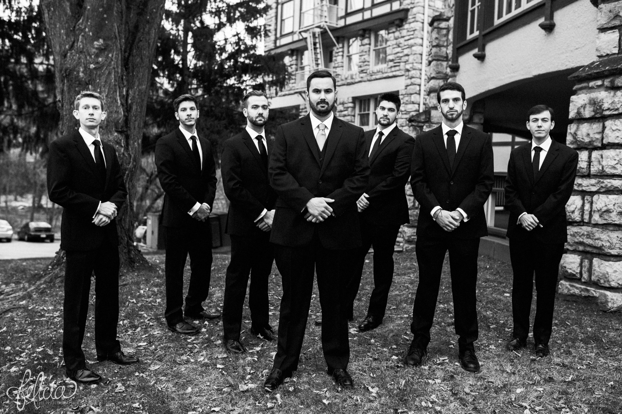 black and white | wedding | wedding photos | wedding photography | black and gold | Winter Wedding | Gatsby Wedding | The Elms | images by feliciathephotographer.com | Excelsior Springs | groomsmen portrait | Men's Wearhouse | white boutonniere | funny groomsmen | groomsmen poses | serious groomsmen 