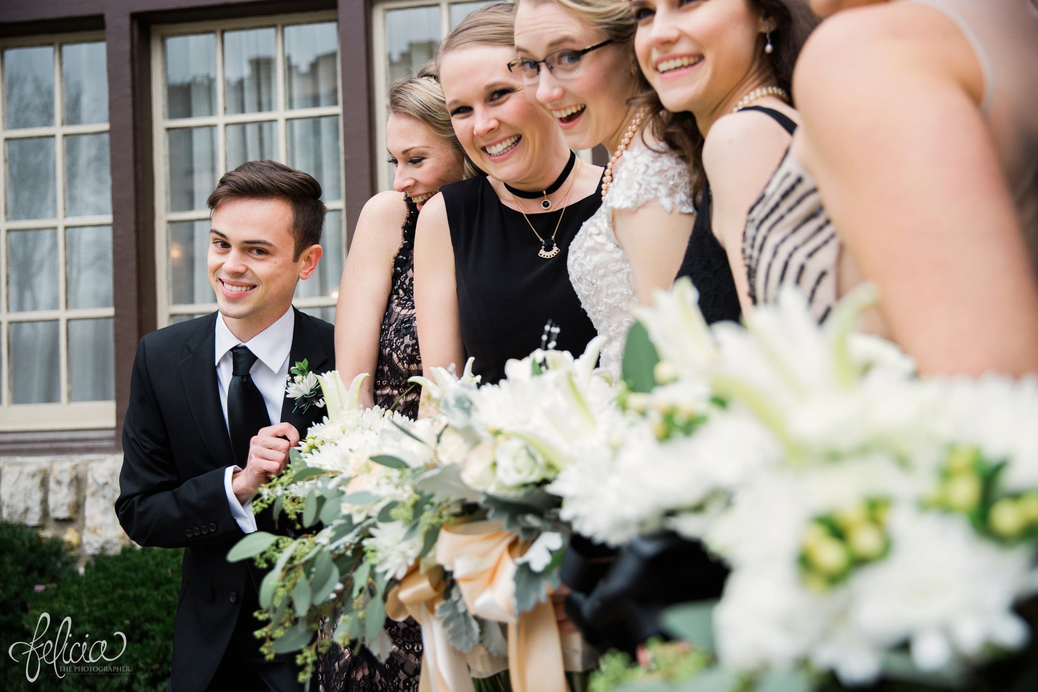 wedding | wedding photos | wedding photography | black and gold | Winter Wedding | Gatsby Wedding | The Elms | images by feliciathephotographer.com | Excelsior Springs | bridal party bouquets | bridal party portraits | candid | goofy bridal party | laughing bride | black bridesmaid dresses | long bridesmaid dresses 