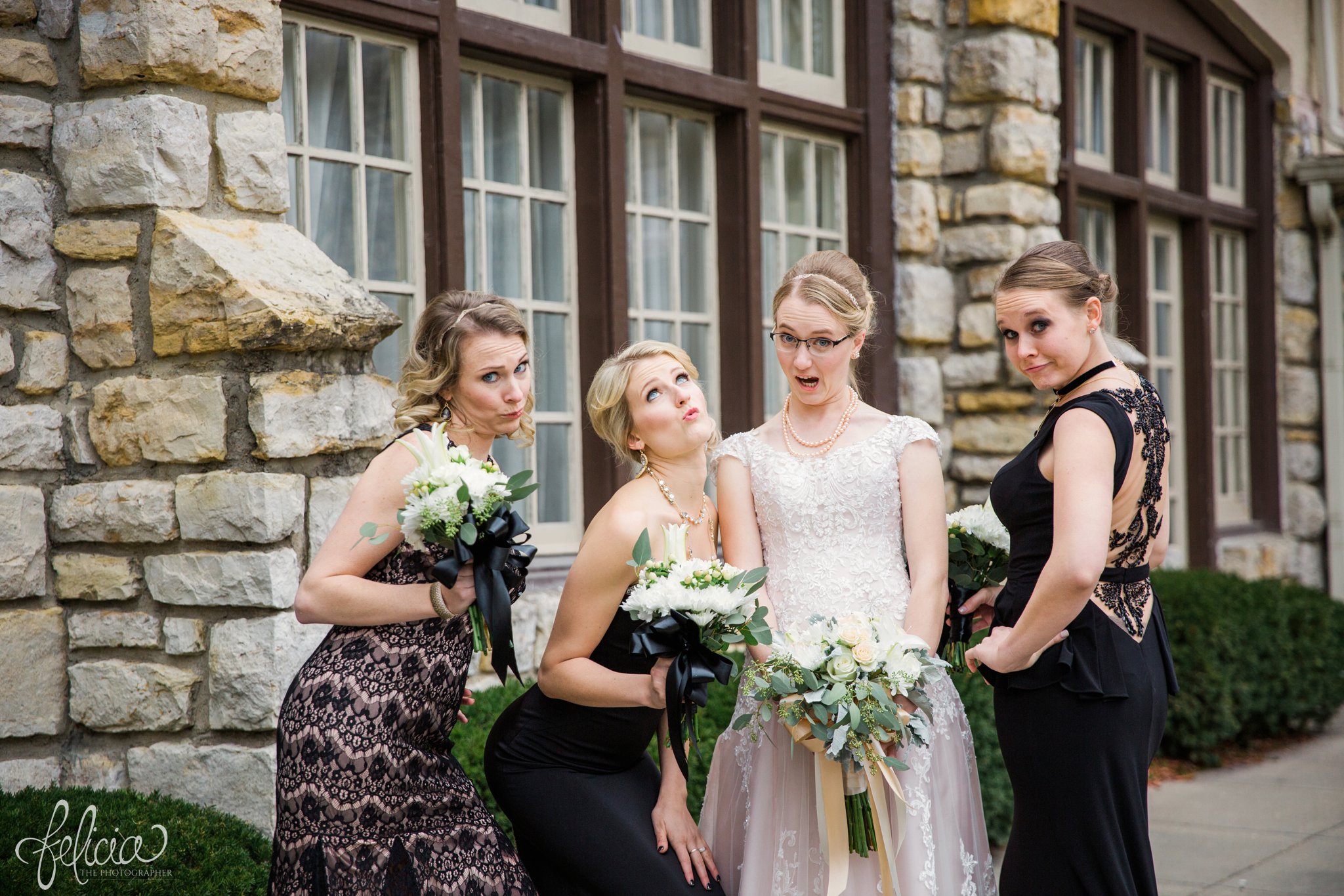 wedding | wedding photos | wedding photography | black and gold | Winter Wedding | Gatsby Wedding | The Elms | images by feliciathephotographer.com | Excelsior Springs | Maggie Sottero | lace wedding dress | bridal party portrait | bridesmaids | black bridesmaid dresses | long bridesmaid dresses | candid | goofy bridal party 