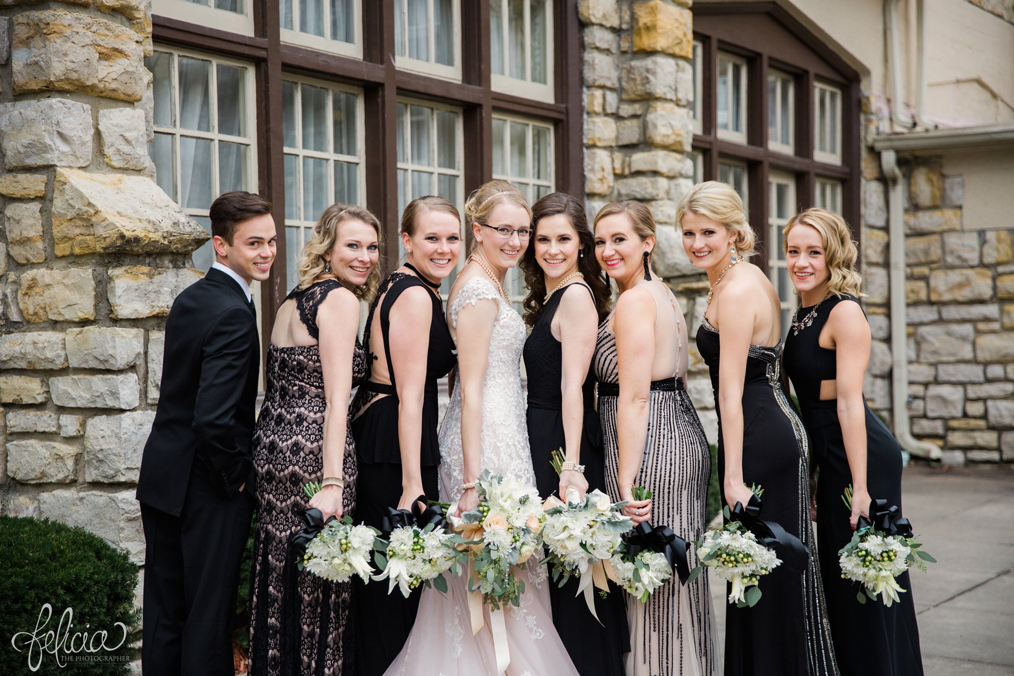 wedding | wedding photos | wedding photography | black and gold | Winter Wedding | Gatsby Wedding | The Elms | images by feliciathephotographer.com | Excelsior Springs | Maggie Sottero | lace wedding dress | bridal party portrait | bridesmaids | black bridesmaid dresses | long bridesmaid dresses | variety 