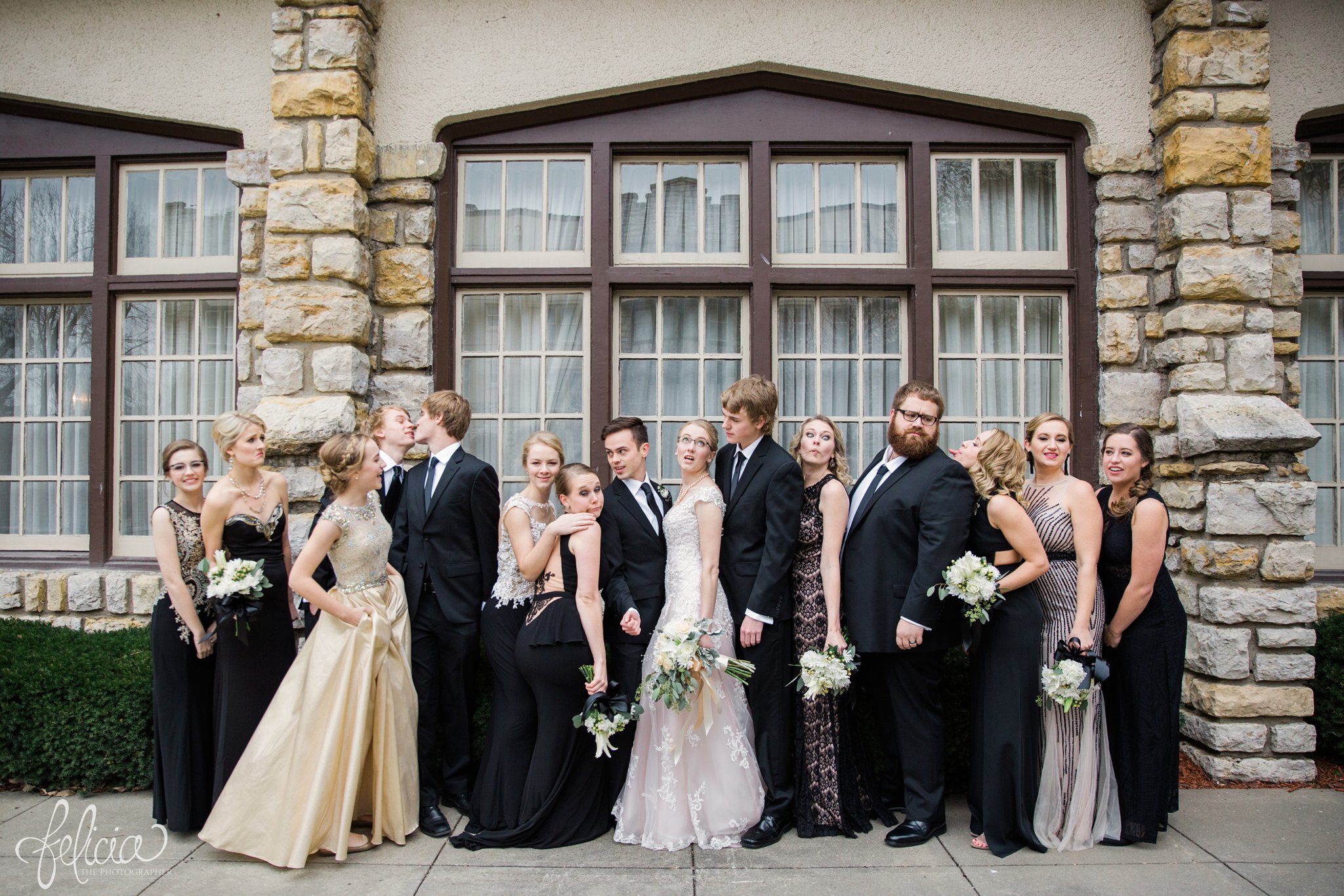 wedding | wedding photos | wedding photography | black and gold | Winter Wedding | Gatsby Wedding | The Elms | images by feliciathephotographer.com | Excelsior Springs | bridal party portraits | candid | goofy bridal party 