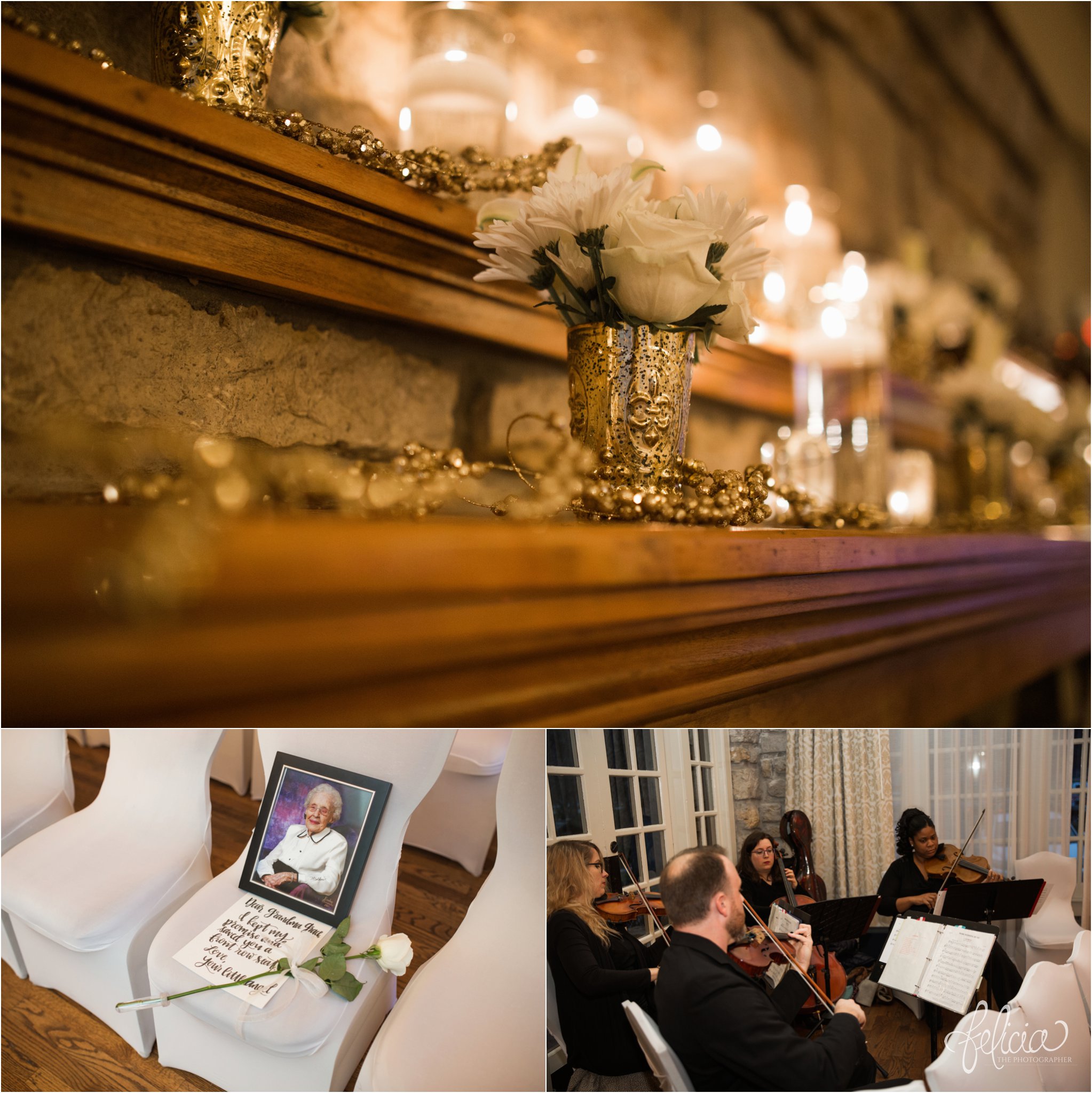 black and white | wedding | wedding photos | wedding photography | black and gold | Winter Wedding | Gatsby Wedding | The Elms | images by feliciathephotographer.com | Excelsior Springs | historic venue | gold ambiance | stone fireplace | wedding venue | wedding decor | gold accessories | candles 