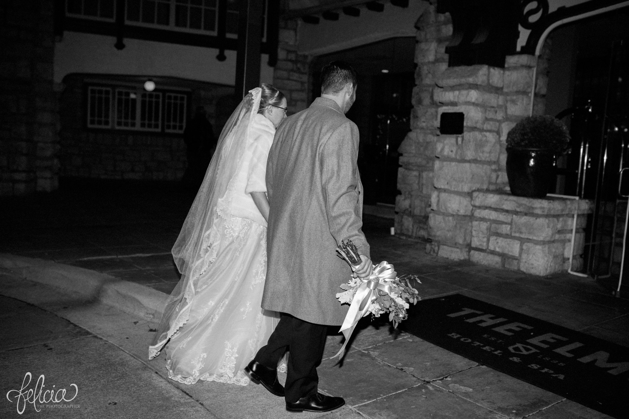 black and white | wedding | wedding photos | wedding photography | black and gold | Winter Wedding | Gatsby Wedding | The Elms | images by feliciathephotographer.com | Excelsior Springs | historic venue | night portraits | bride and groom portraits | night wedding | romantic outdoor pose | bride wedding coat 