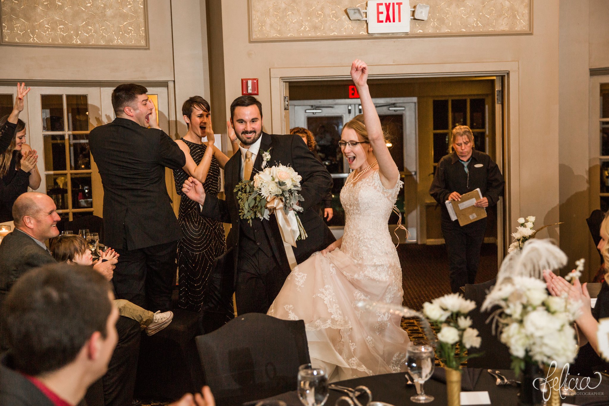 wedding | wedding photos | wedding photography | black and gold | Winter Wedding | Gatsby Wedding | The Elms | images by feliciathephotographer.com | Excelsior Springs | historic venue | reception decor | bride and groom announcement | candid | bride and groom entrance 