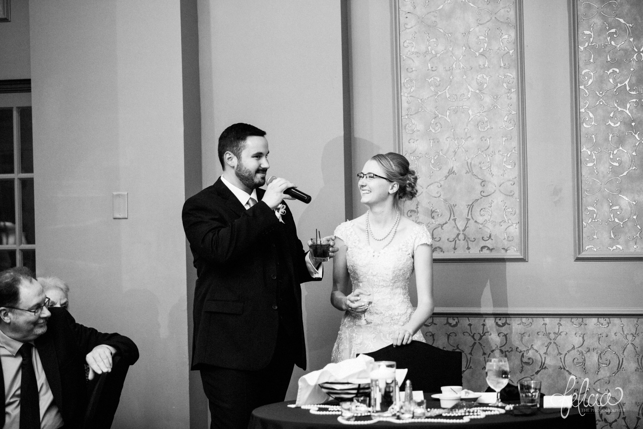 black and white | wedding | wedding photos | wedding photography | black and gold | Winter Wedding | Gatsby Wedding | The Elms | images by feliciathephotographer.com | Excelsior Springs | historic venue | groom speech | reception activities | candid 