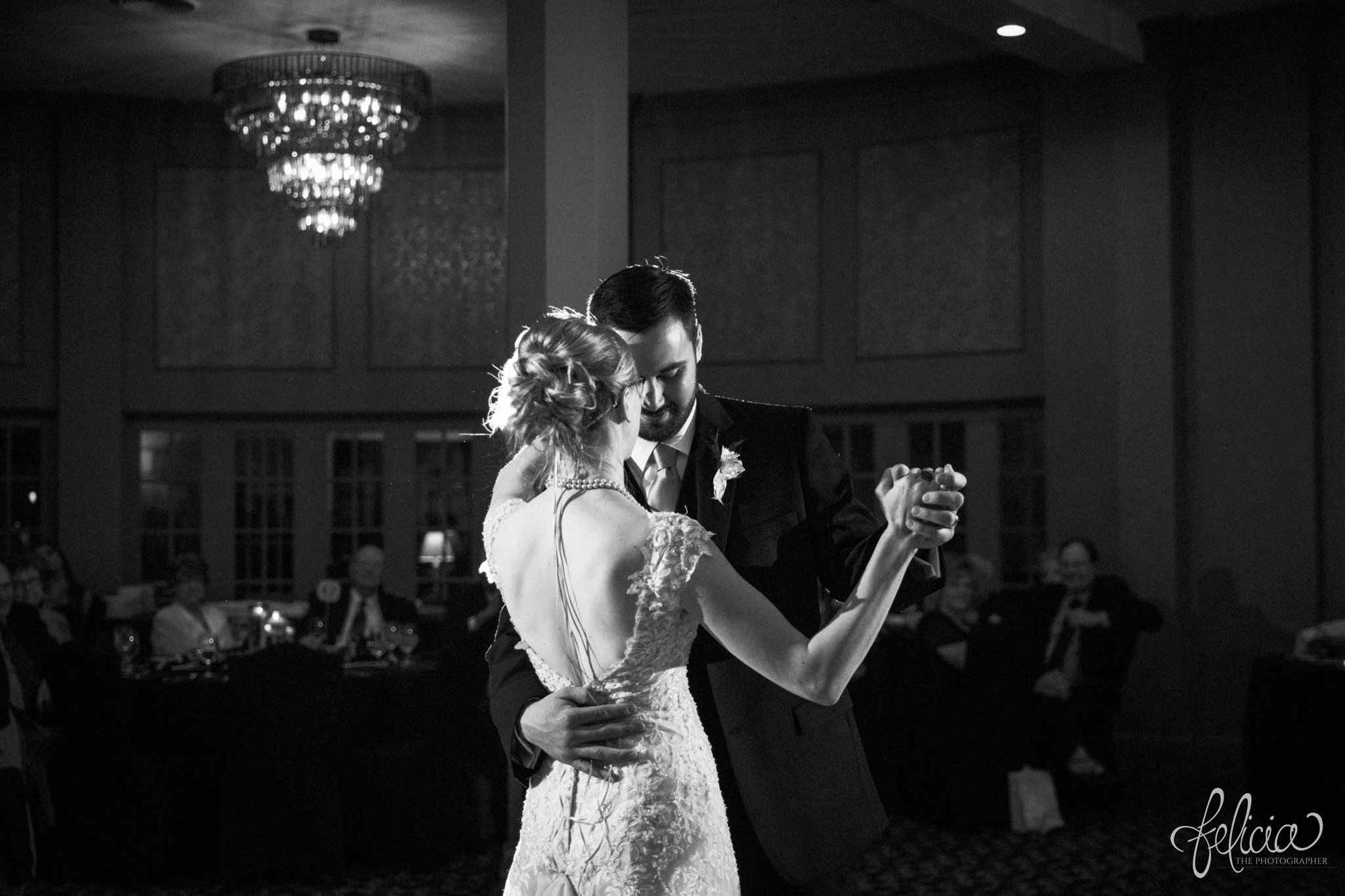 black and white | wedding | wedding photos | wedding photography | black and gold | Winter Wedding | Gatsby Wedding | The Elms | images by feliciathephotographer.com | Excelsior Springs | historic venue | first dance | romantic background | romance | chandeliers | Maggie Sottero | dramatic venue | romantic pose 