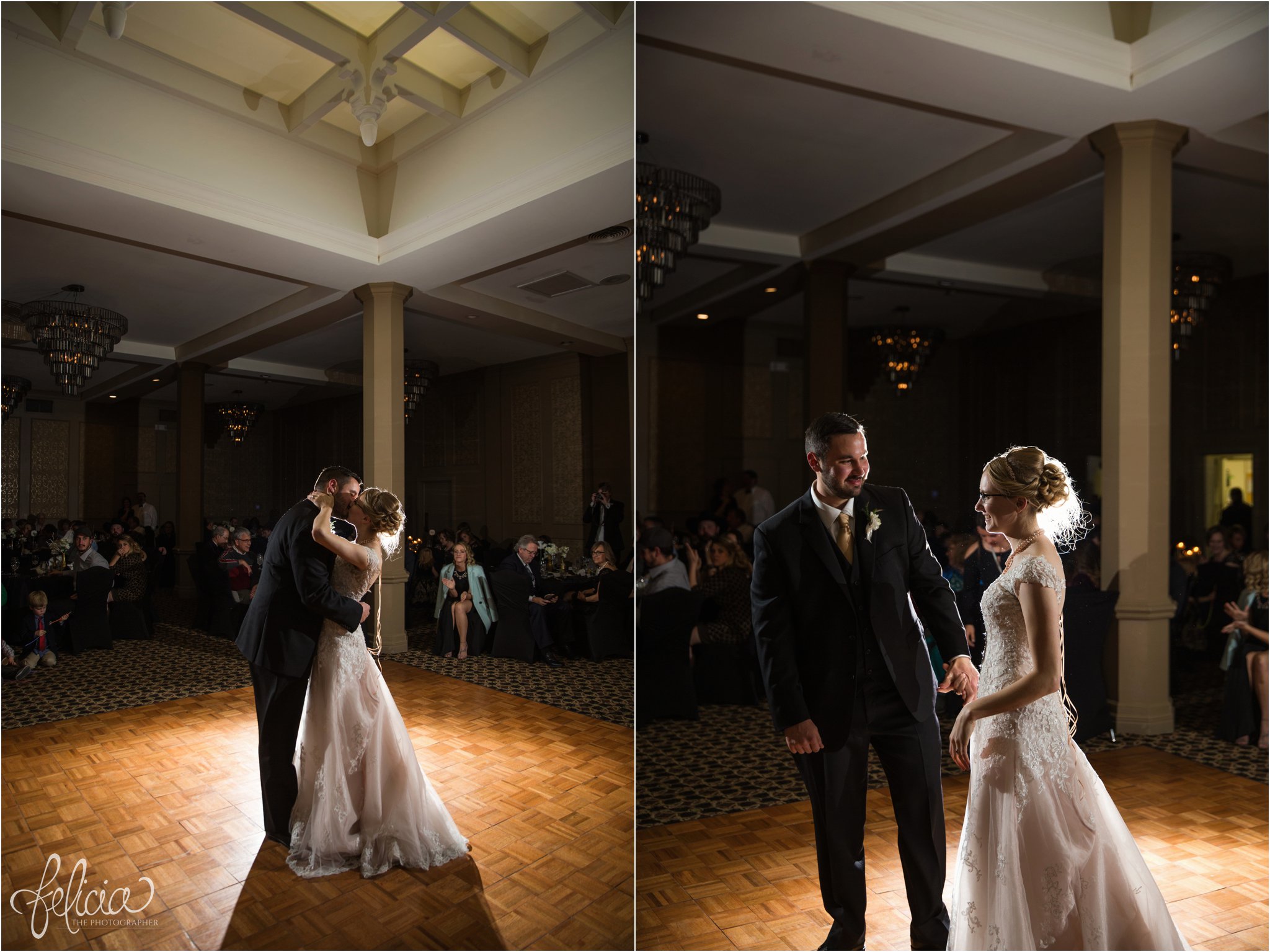 wedding | wedding photos | wedding photography | black and gold | Winter Wedding | Gatsby Wedding | The Elms | images by feliciathephotographer.com | Excelsior Springs | historic venue | first dance | romantic background | romance | chandeliers | Maggie Sottero | dramatic venue | romantic pose | kiss 