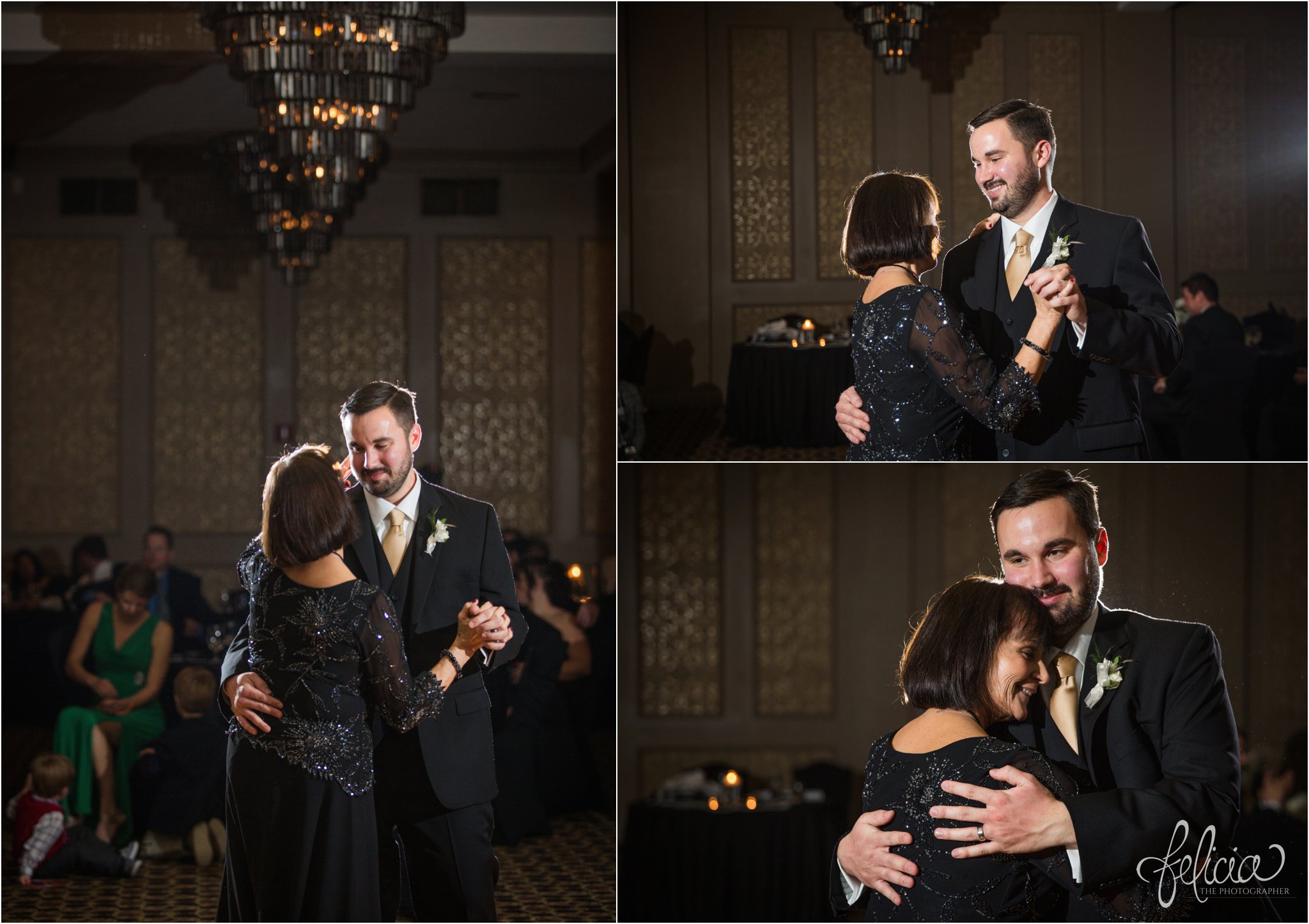 wedding | wedding photos | wedding photography | black and gold | Winter Wedding | Gatsby Wedding | The Elms | images by feliciathephotographer.com | Excelsior Springs | historic venue | mother son dance | chandeliers | Maggie Sottero | candid 