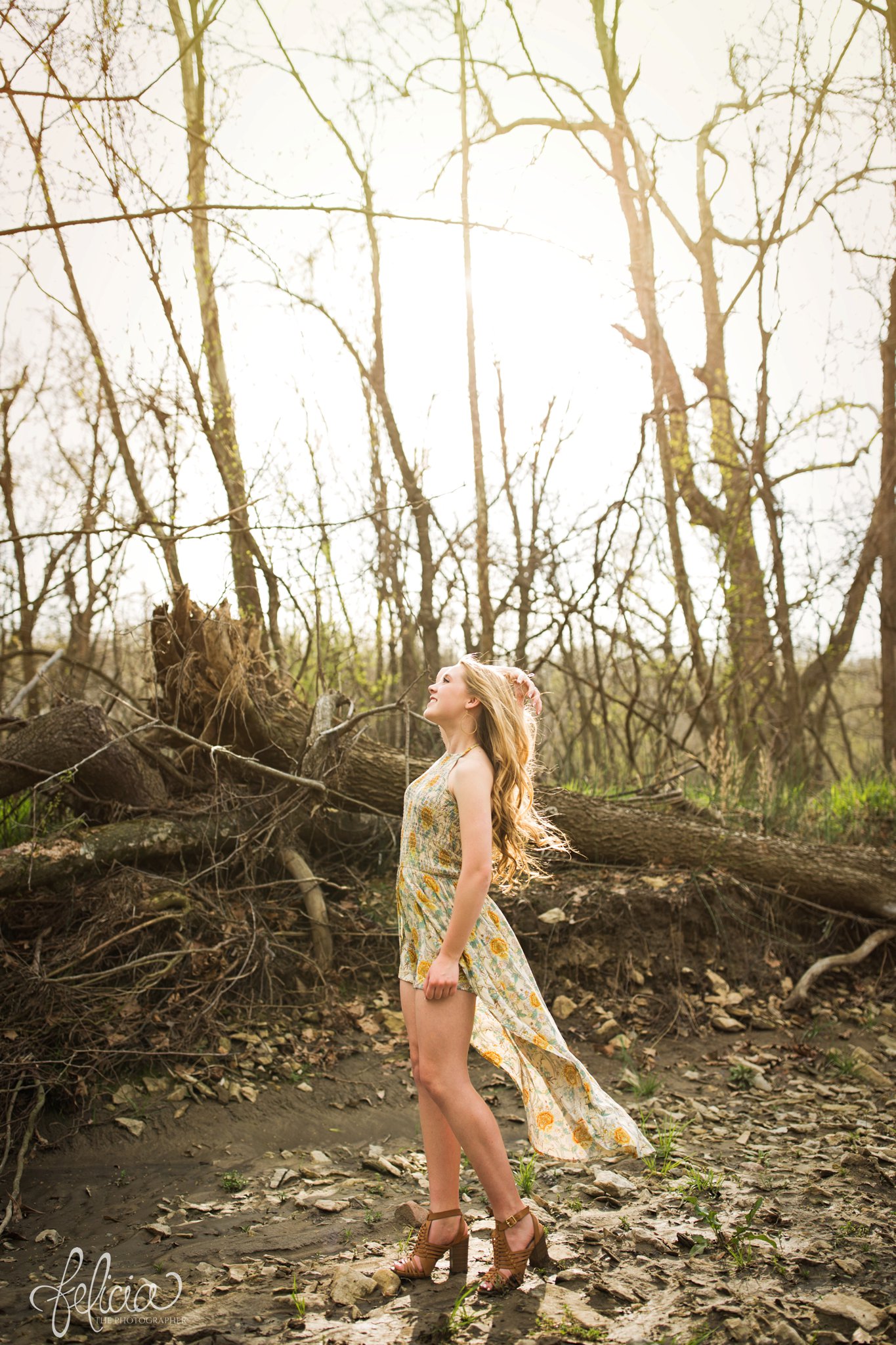 senior pictures | images by feliciathephotographer.com | Kansas City | rustic | blonde | whimsical | nature | trees | flower print dress | yellow dress 