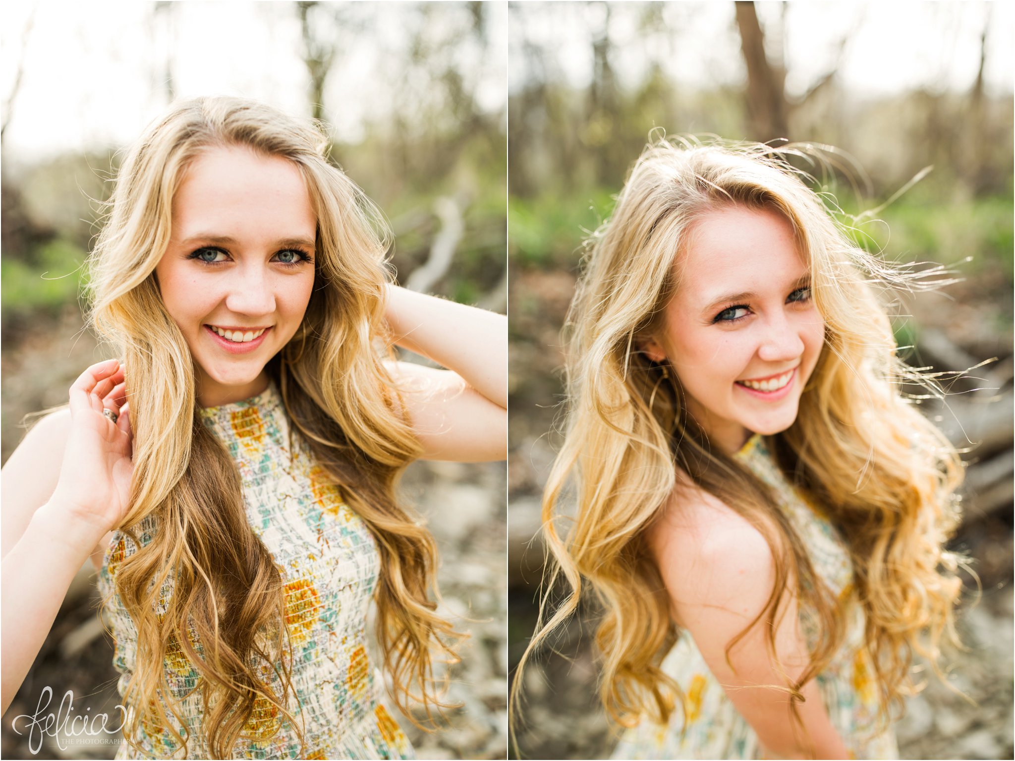 senior pictures | images by feliciathephotographer.com | Kansas City | rustic | blonde | nature background | trees | flower print dress | yellow dress | smiling 