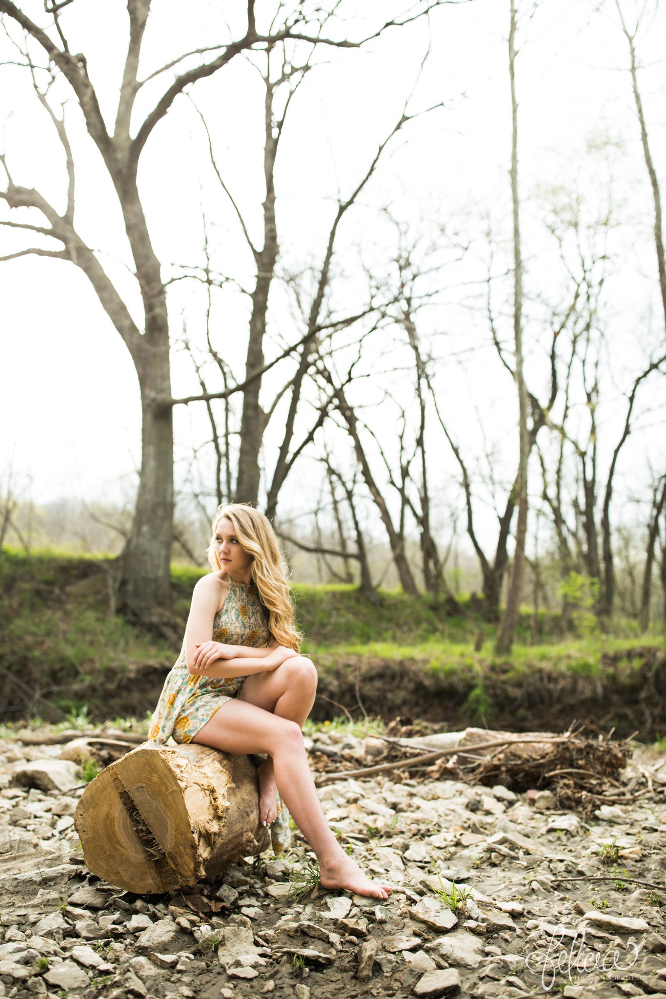 senior pictures | images by feliciathephotographer.com | Kansas City | rustic | long blonde hair | nature background | trees | flower print dress | yellow dress | elegant | dramatic | candid | rocky background | sitting on tree log