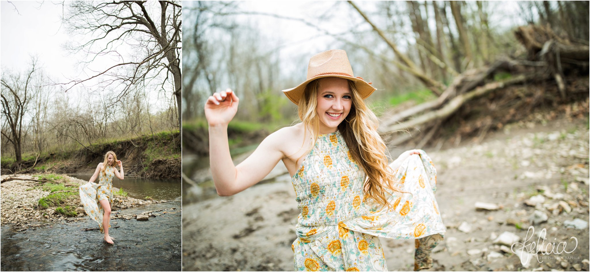 senior pictures | images by feliciathephotographer.com | Kansas City | rustic | long blonde hair | nature background | trees | flower print dress | yellow dress | elegant | dramatic | fedora hat | smiling at camera | walking in stream | barefoot 