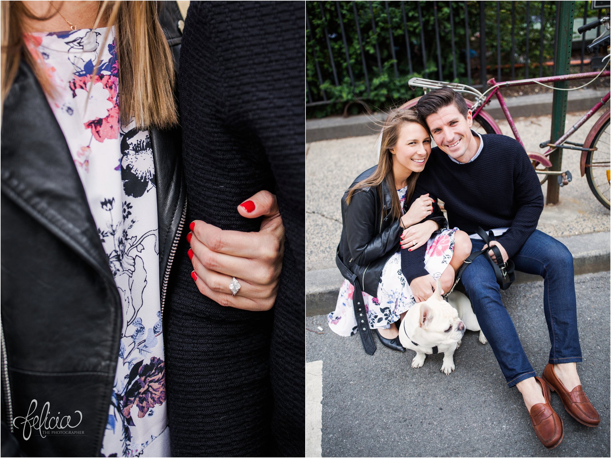 engagement ring | smiling bride and groom | close up | diamond ring | red fingernails with engagement ring | New York City Photography | wedding | New York City | West Village | New York City photography | wedding photography | images by feliciathephotographer.com | French Bulldog | engagement photos | engagement pictures with dog | engagement pictures in park | vintage bicycle | red bicycle 