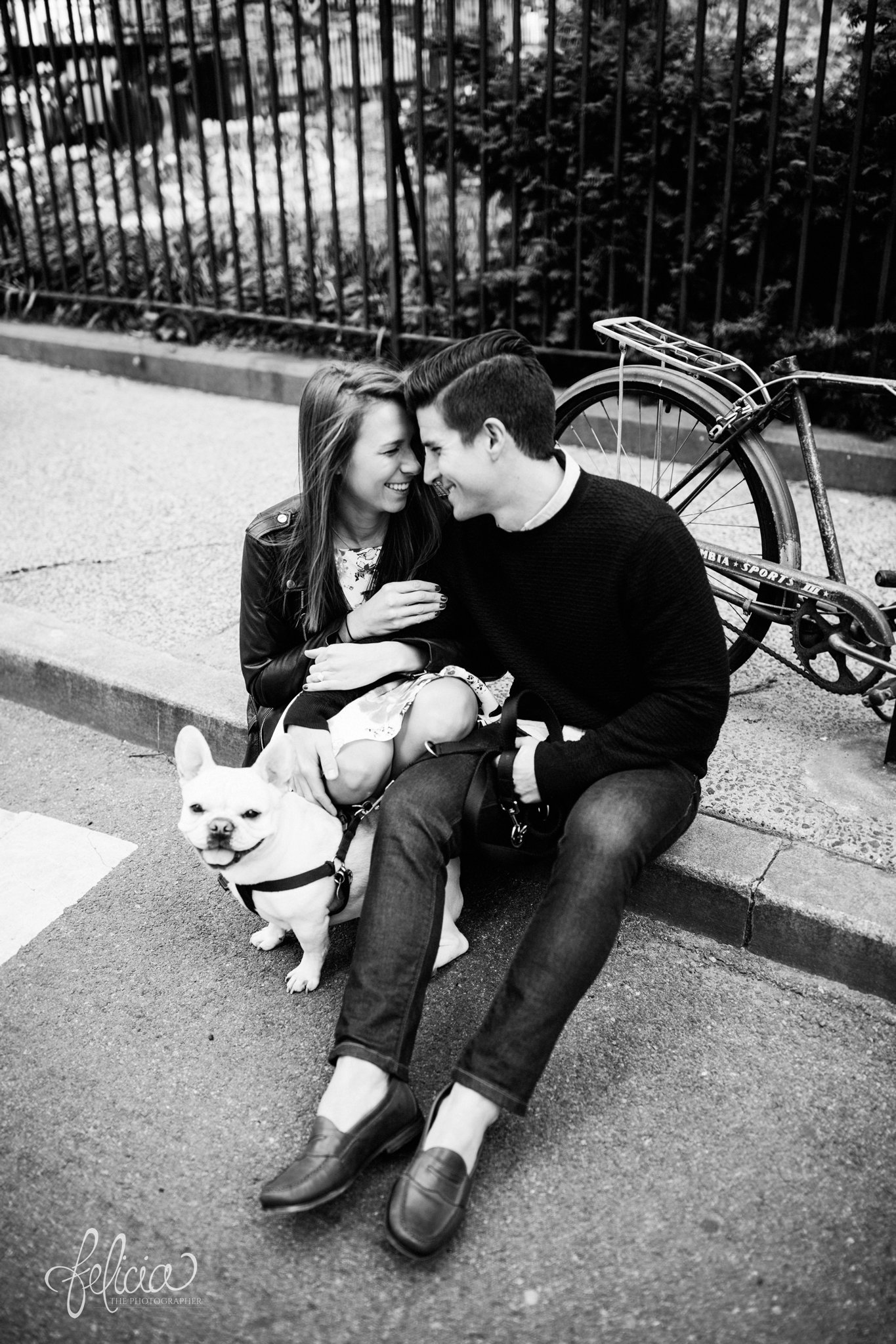 laughing bride and groom | candid | wedding | New York City | West Village | New York City photography | wedding photography | images by feliciathephotographer.com | French Bulldog | engagement photos | engagement pictures in park | engagement pictures with dog | black and white |