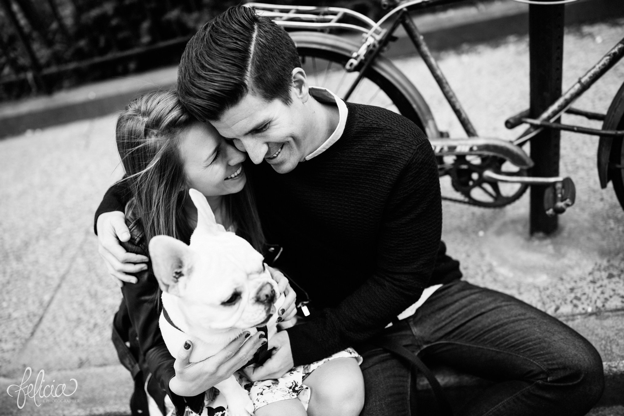 laughing bride and groom | candid | wedding | New York City | West Village | New York City photography | wedding photography | images by feliciathephotographer.com | French Bulldog | engagement photos | engagement pictures in park | engagement pictures with dog | black and white | romantic engagement photos 