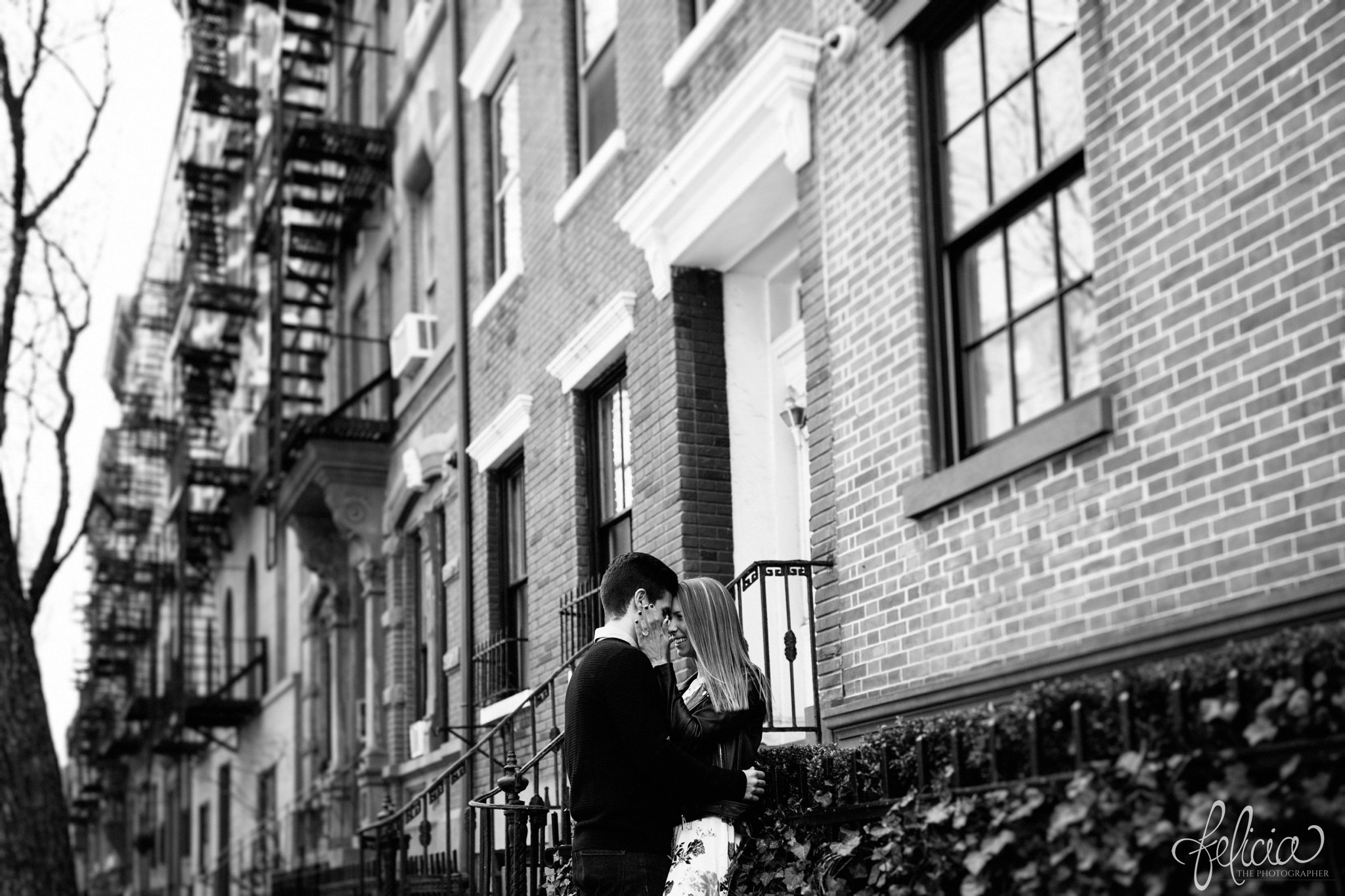 wedding | New York City | West Village | New York City photography | wedding photography | images by feliciathephotographer.com | engagement photos | engagement pictures in New York City | candid | romantic engagement pictures | black and white | New York City brickstones
