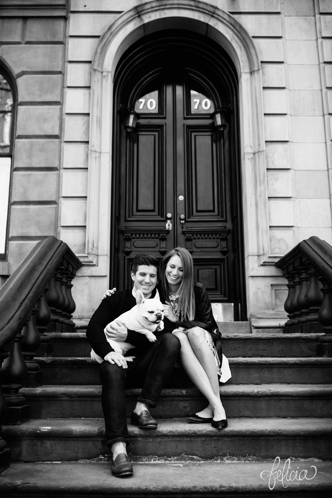 wedding | New York City | West Village | New York City photography | wedding photography | images by feliciathephotographer.com | engagement photos | engagement pictures in New York City | stairwell | French Bulldog | engagement photos with dog | romantic engagement photos | ring photography | candid | black and white | doorway | arched door frame 