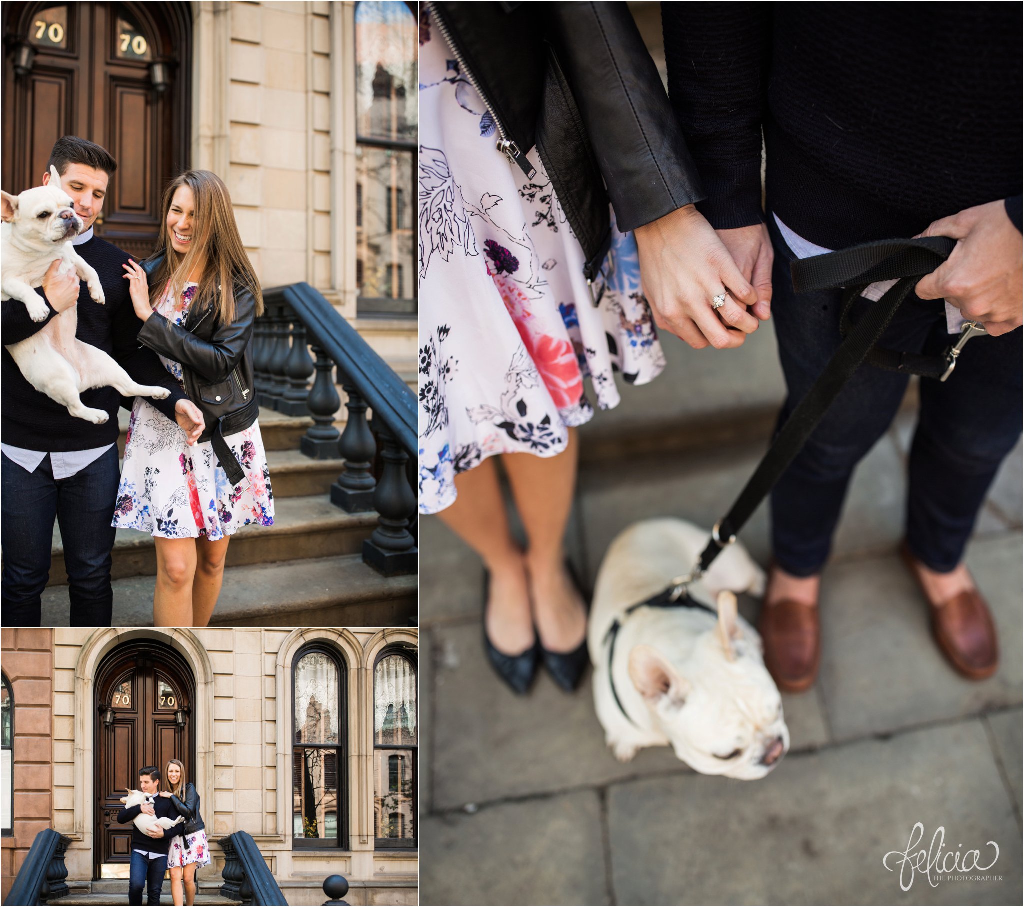wedding | New York City | West Village | New York City photography | wedding photography | images by feliciathephotographer.com | engagement photos | engagement pictures in New York City | romantic engagement photos | smiling bride and groom | stairway | engagement photos with dog | French Bulldog | ring photography | holding hands | funny engagement photos 