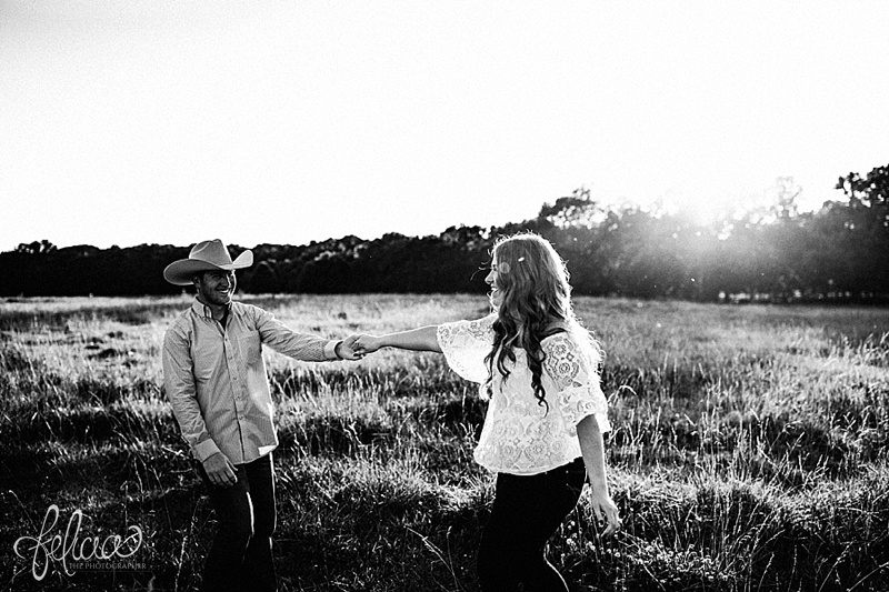 images by feliciathephotographer.com | engagement photographer | kansas farm | country | golden hour | sunset | romantic | true love | southern belle | bride to be | field | cowboy hat | holding hands | black and white | dancing | playful