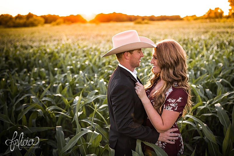 images by feliciathephotographer.com | floral dress | engagement photographer | kansas farm | country | golden hour | sunset | romantic | true love | southern belle | bride to be | corn field | cowboy hat | 