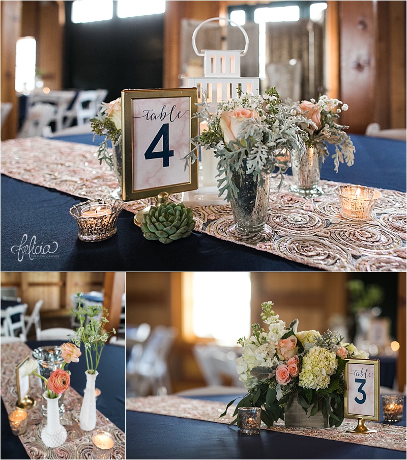 images by feliciathephotographer.com | mildale farm | destination wedding photographer | kansas | country | details | reception | center pieces | peach flowers | poppy and clover | table runners | navy | vintage | rustic | 
