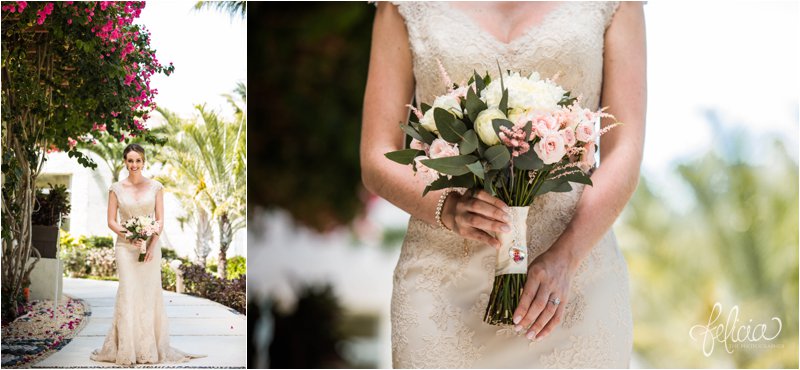 images by feliciathephotographer.com | Destination Beach Wedding | Mexico Resort | Photography | Azul Sensatori | portrait | bouquet | pastel pink flowers | bride | tropical | details | palm trees | v neck | engagement ring | diamond | green 