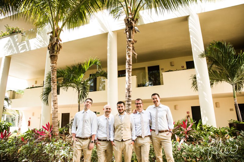 images by feliciathephotographer.com | Destination Beach Wedding | Mexico Resort | Photography | Azul Sensatori | portraits | friends | brothers | groomsmen | palm trees | hotel | hot pink | tan suit | floral ties | casual 