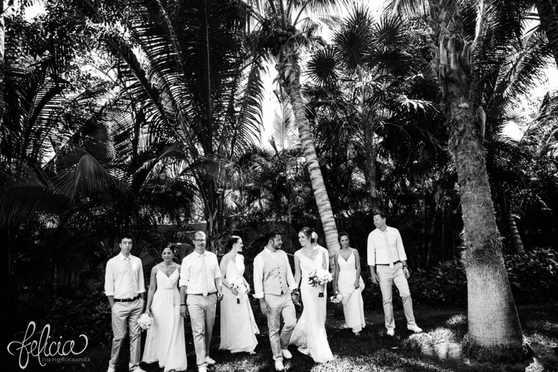 images by feliciathephotographer.com | Destination Beach Wedding | Mexico Resort | Photography | Azul Sensatori | black and white | bridal party | portraits | palm trees | details | walking | friends | 
