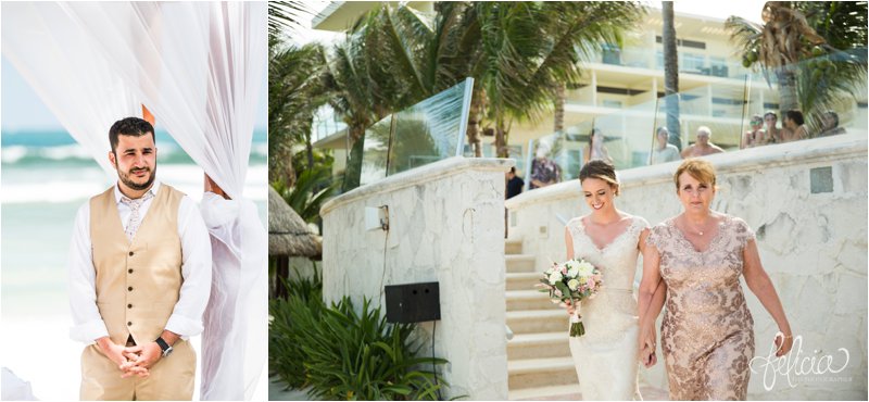 images by feliciathephotographer.com | Destination Beach Wedding | Mexico Resort | Photography | Azul Sensatori | ocean | walking down the isle | hotel | ceremony | tan suit | vest | canopy | lace dress | mother giving away daughter | palm trees | pink | sequins | hotel | waves 