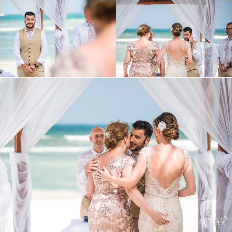 images by feliciathephotographer.com | Destination Beach Wedding | Mexico Resort | Photography | Azul Sensatori | mother giving away daughter | groom | canopy | hair up-dos | ocean | waves | sequins | lace dress | open back | 