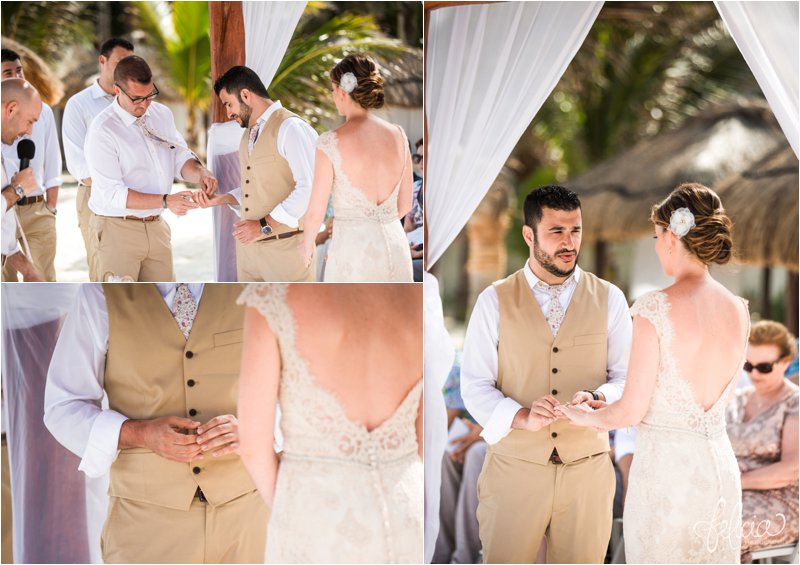 images by feliciathephotographer.com | Destination Beach Wedding | Mexico Resort | Photography | Azul Sensatori | open back lace dress | up-do | canopy | floral tie | exchanging rings | saying vows | love | marriage | best man | palm trees