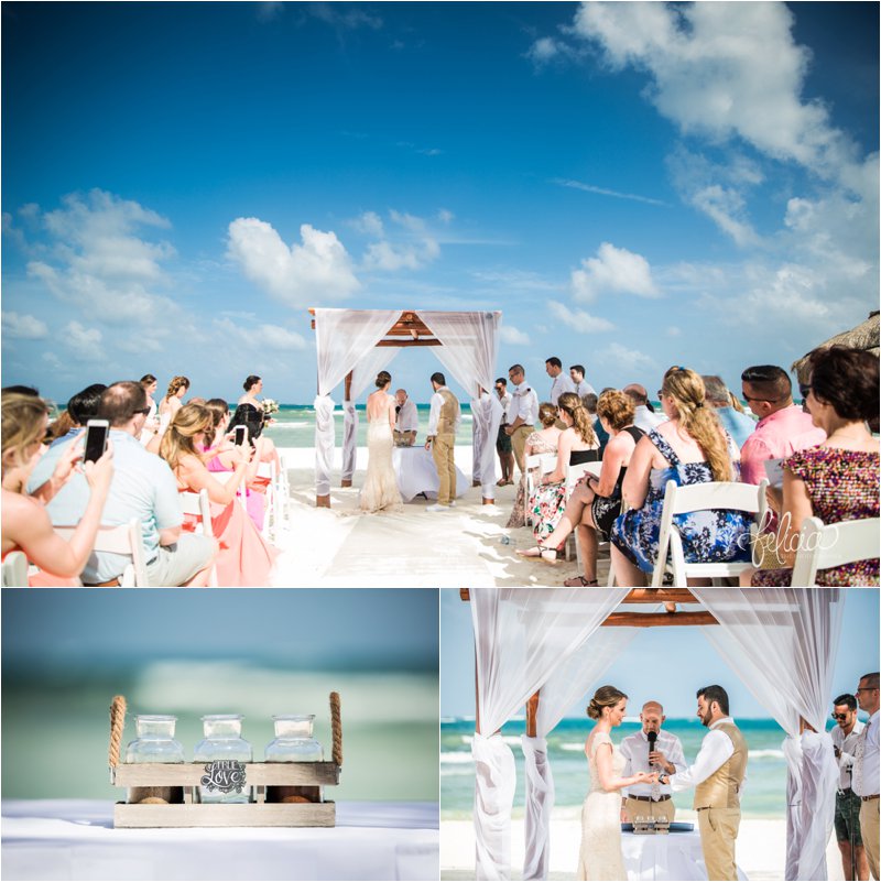 images by feliciathephotographer.com | Destination Beach Wedding | Mexico Resort | Photography | Azul Sensatori | blue | ocean | waves | true love | canopy | wooden | white | cloudy skies | mason jars | nautical | exchanging rings | vows | bride | groom | 