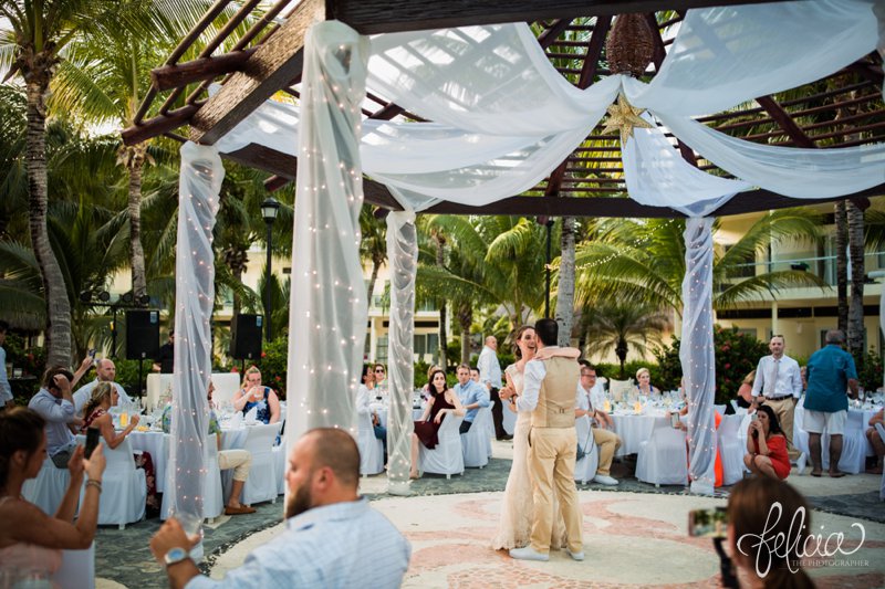 images by feliciathephotographer.com | Destination Beach Wedding | Mexico Resort | Photography | Azul Sensatori | first dance | reception | celebration | palm trees | sunset | christmas lights | white wooden gazebo 