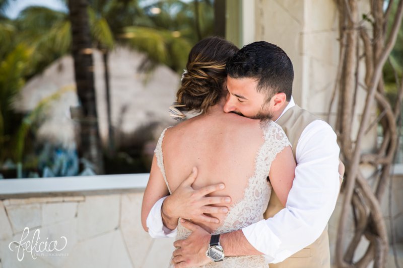Destination Beach Wedding | Mexico Resort | Photography | Azul Sensatori | First Look | Hair Up-Do | Hugs | Pre-Ceremony | Vines | Tropical Decor | Palm Trees | images by feliciathephotographer.com 