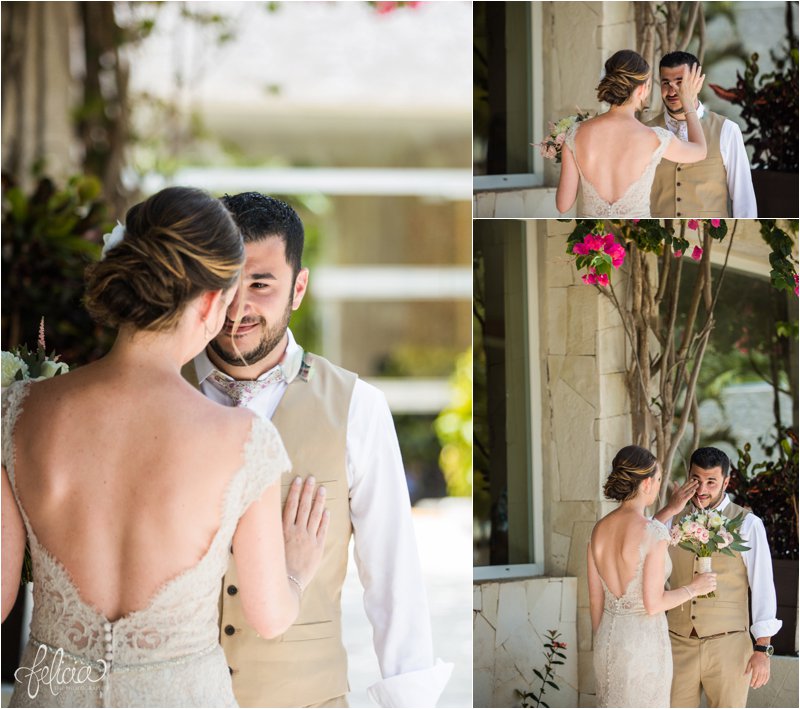 images by feliciathephotographer.com | Destination Beach Wedding | Mexico Resort | Photography | Azul Sensatori | First Look | Sentimental | Pink Florals | bouquet | tear | Lace Dress | open back | 
