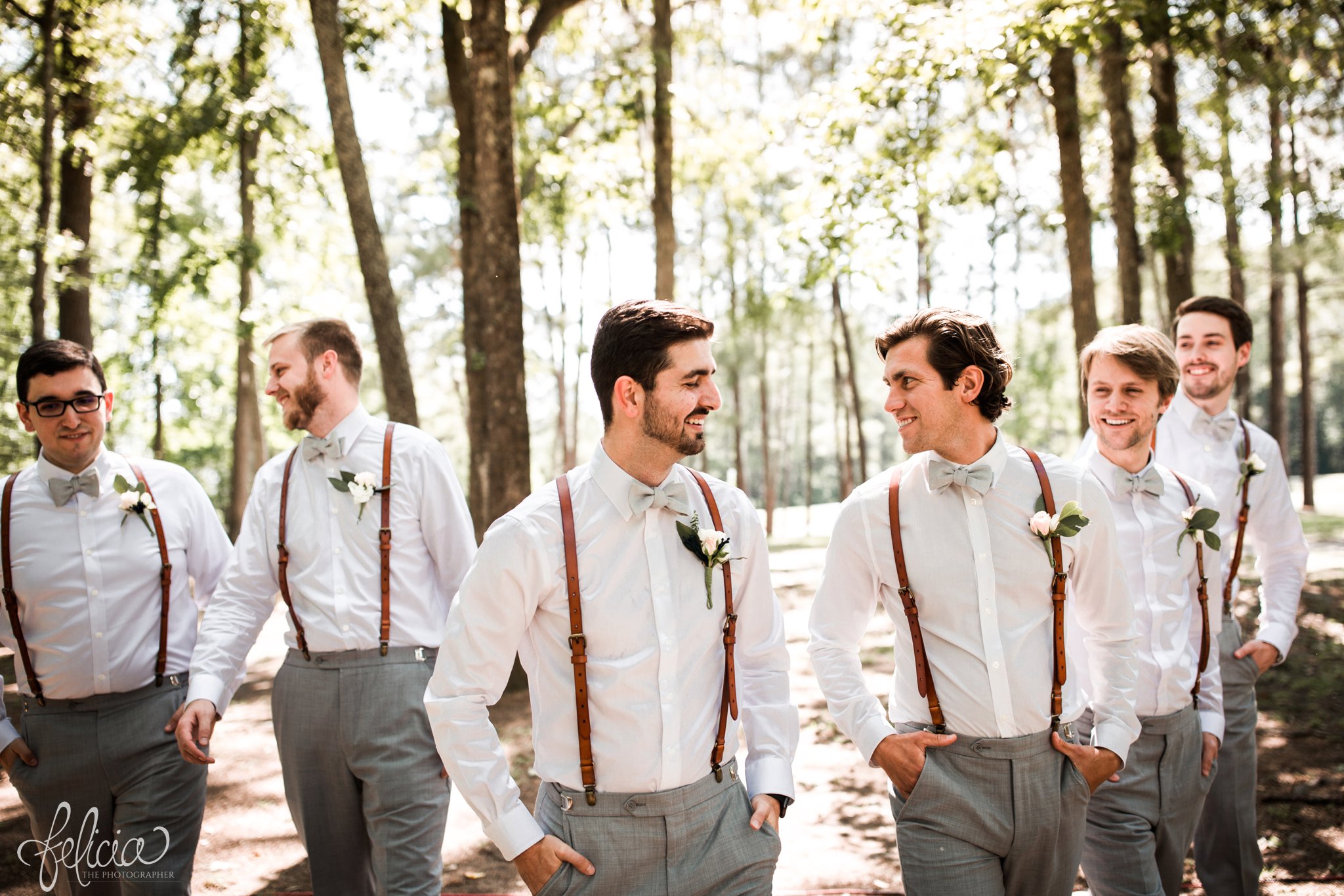 images by feliciathephotographer.com | destination wedding | the makey house | dave gibson coordinator | travel photographer | Savannah, georgia | southern | portrait | groomsmen | game face | pre-ceremony | trees | forest | brown hipster shoes | suspenders | bow ties | green | laughter | walking 