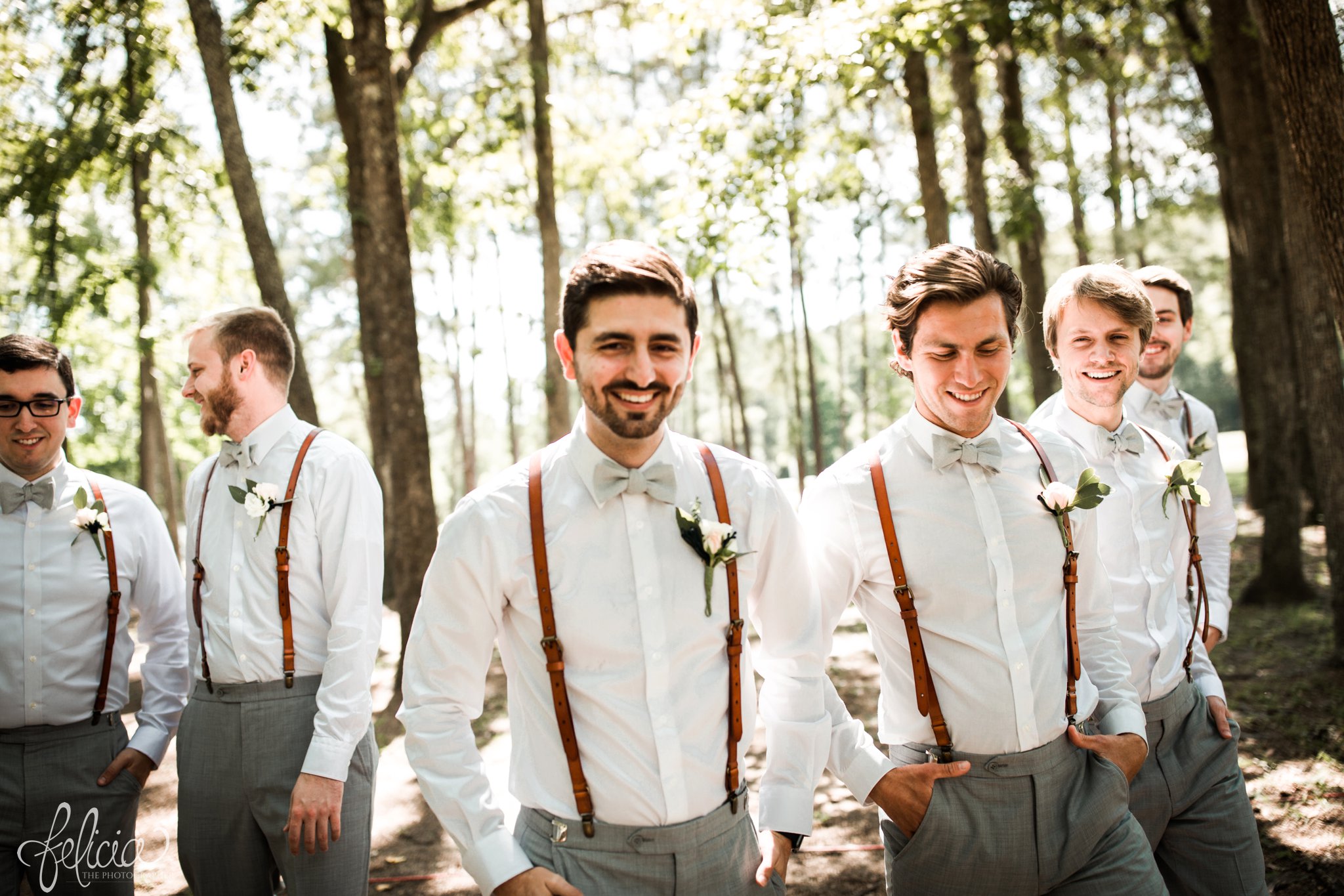 images by feliciathephotographer.com | destination wedding | the makey house | dave gibson coordinator | travel photographer | Savannah, georgia | southern | portrait | groomsmen | game face | pre-ceremony | trees | forest | brown hipster shoes | suspenders | bow ties | green | laughter | walking 