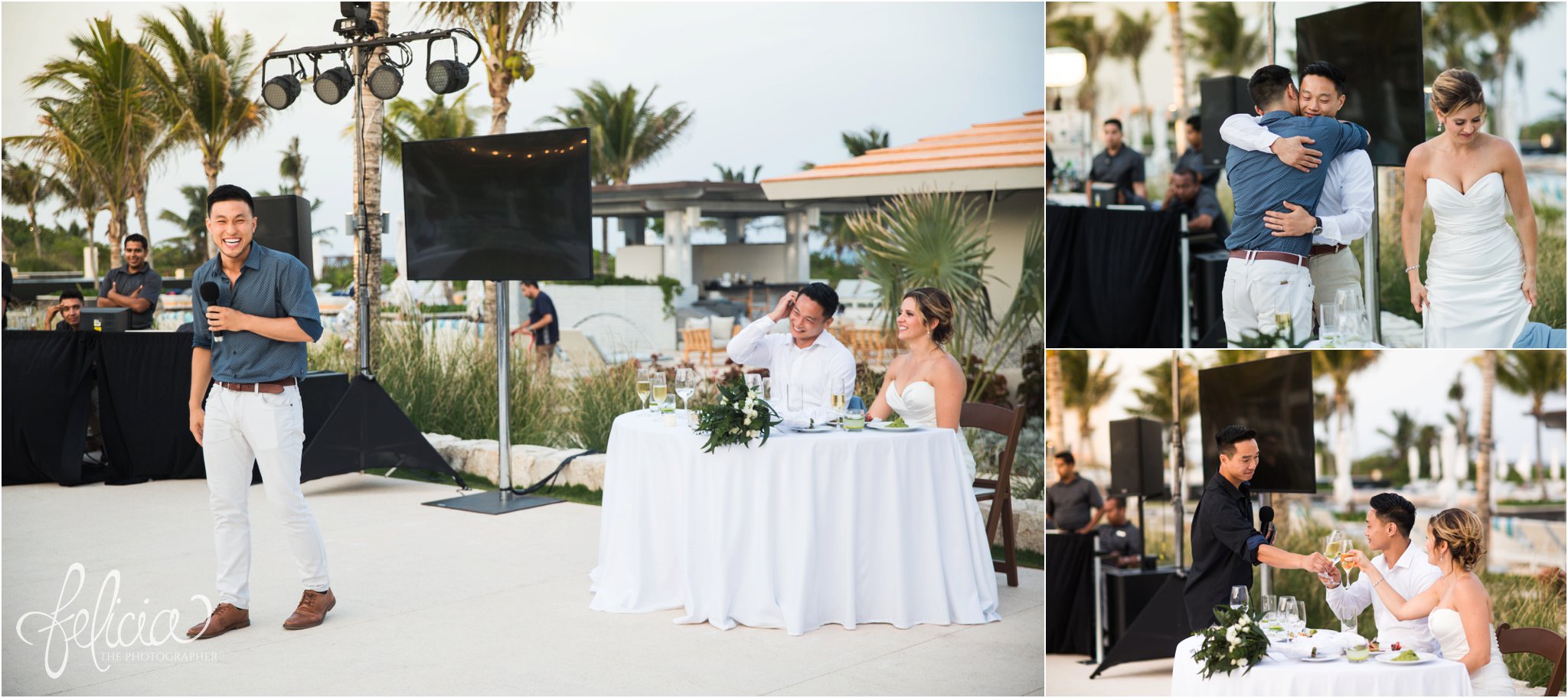 images by feliciathephotographer.com | Destination Beach Wedding | Unicco 20 87 | Photographer | L&S Travel | reception | toasts | speech | best man | golden hour | bride | groom | head table | palm trees | ocean | hug | sentimental | 