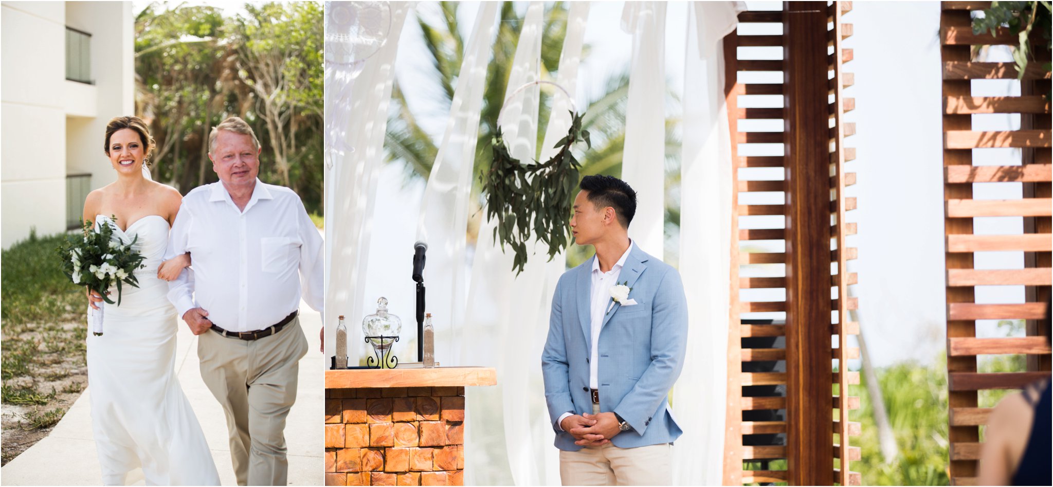 images by feliciathephotographer.com | Destination Beach Wedding | Unicco 20 87 | Photographer | L&S Travel | ceremony | ocean view | palm trees | walking down the isle | father giving away daughter | groom waiting for bride | strapless dress | white flowers | stone altar 