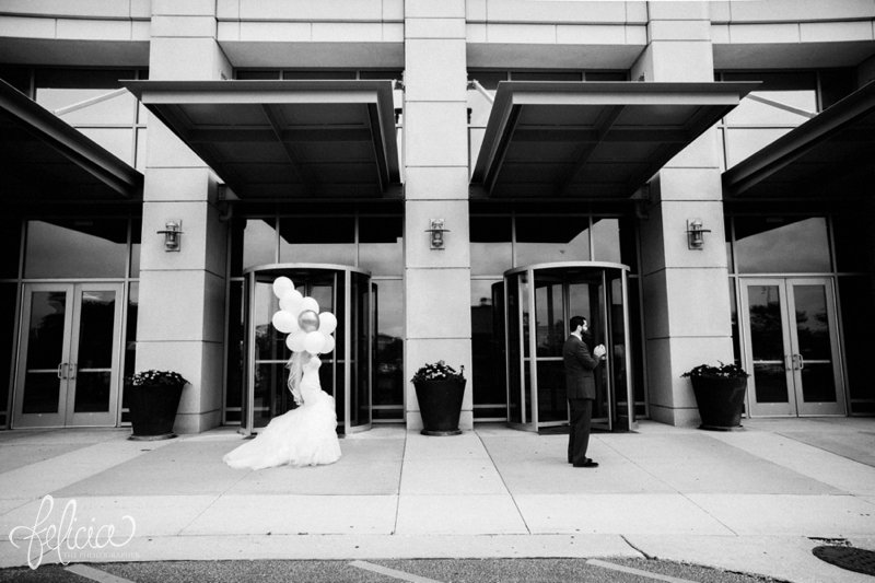 images by feliciathephotographer.com | destination wedding photographer | westin north shore | Chicago botanical gardens | first look | pre-ceremony | balloons | black and white | walking to the groom | black suit | lace dress | romantic | chic 